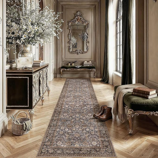 HUGEAR 2'6''x12 Runner Rug Machine Washable Tradition Brown Hallway Area Rugs Indoor Accent Rugs Floral Low Pile Carpet Distressed Throw Rug Bedroom Living Room Office Dining Kitchen Laundry Non Slip