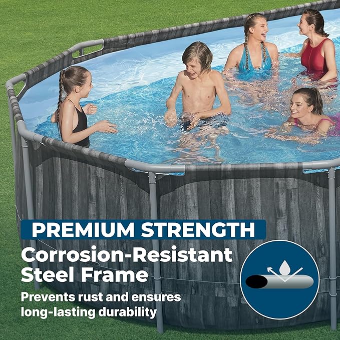 Bestway Power Steel 20’ x 12’ x 48” Above Ground Pool, Oval Metal Frame Outdoor Swimming Pool Set with Filter Pump, Ladder, and Cover | Durable Oval Metal Frame Outdoor Backyard Pool - Ladder, Cover, and Type III Filter Cartridge Included, Wood Print
