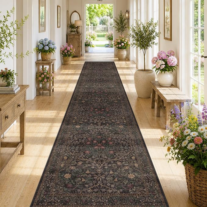 Dark Brown Boho Washable 3x12 Extra Long Runner Rug for Hallway, Water Resistant Extra Long Runners for Large Kitchen, Non-Slip Stain & Fade Resistant, Vintage Natural Floral Décor