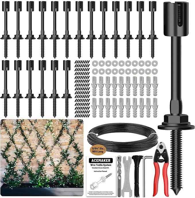 Wire Trellis Kit 20-Set 5/64” Black Crosshead w/Cutter&98ft Cable | T316 PVD black stainless steel hubs, vinyl coated cable, wall wire trellis system for outdoor climbing plants