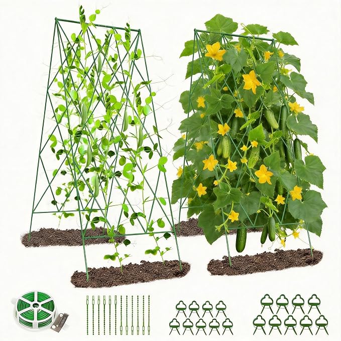 DoCred Cucumber Trellis, 39.4" H 2 Pack Metal Foldable Thickened A Frame Garden Trellis for Raised Bed Climbing Plants, Vegetables, Including Plant Support Clips, Twist Ties, Plastic Ties, Green