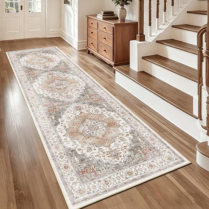 3x10 Vintage Runner Rug Low Pile Non-Slip Washable Kitchen Rug | Retro Distressed Print Rug Orange Gray Carpet Stain Resistant Non-Shedding Long Rug for Hallway Kitchen Bedroom Laundry Room