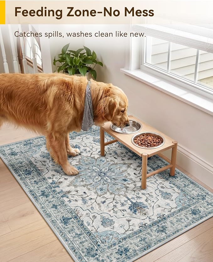 RELEANY Washable Area Rug, Small 2'x3', Blue/White/Gray | Non-Slip, Water Repellent, Pet Friendly, Easy to Clean, Vintage Floral Boho Decor for Kitchen Entryway Bathroom