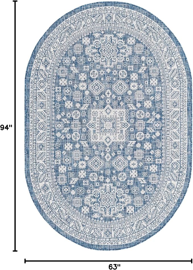 Unique Loom Outdoor Aztec Collection Area Rug - Chalca (5' 3" x 7' 10" Oval, Blue/ Ivory)
