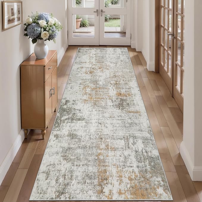 Tangsoo Abstract 2.6x8 Washable Runner Rug for Hallways,Non Slip Runner Rug | Modern Soft Low Pile Long Runner Rug, Contemporary Carpet Runners for Kitchen Bedroom Entryway Living Room Beige Grey Decor