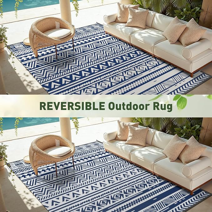 MontVoo Outdoor Rug Carpet Waterproof 6x9 Outdoor Patio Rug Mat Reverisble Plastic Straw Outdoor Rug for RV Camping Picnic Beach Balcony Boho Navy Blue
