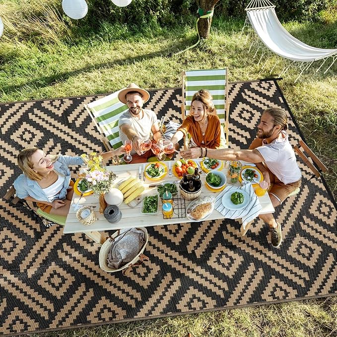 Outdoor Patio Plastic Straw Rug - 5x8 ft Outdoor Camping Rug Waterproof Reversible, Area Carpet Patios RV, Outside Porch Balcony Deck for Camper, Moden Black Beige