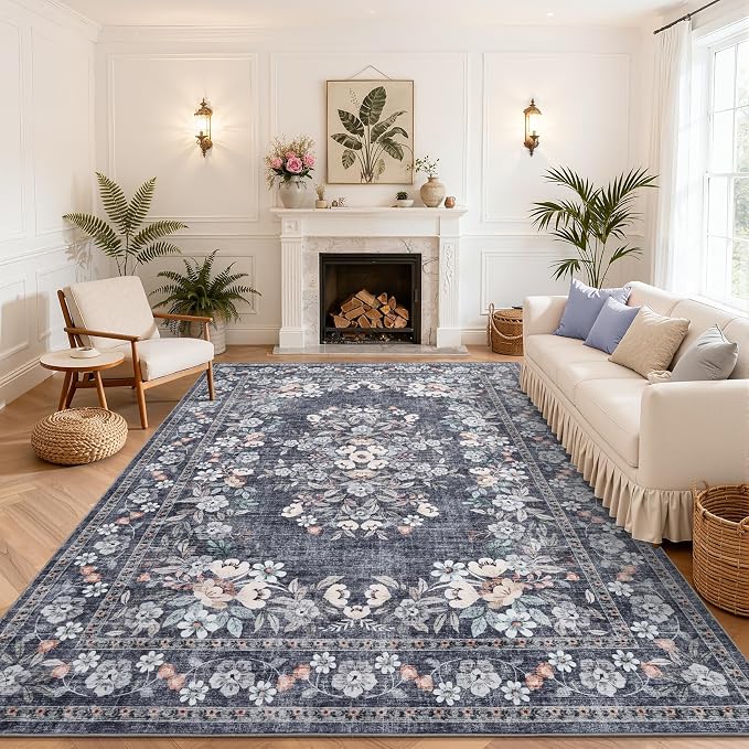 GarveeHome 6x9 Area Rug for Living Room Botanical Bordered Blue Floor Cover | Vintage Distressed Leaf and Flower Bedroom Rugs Low Pile Machine Washable Non-Slip Floral Area Rug for Dining Home Office