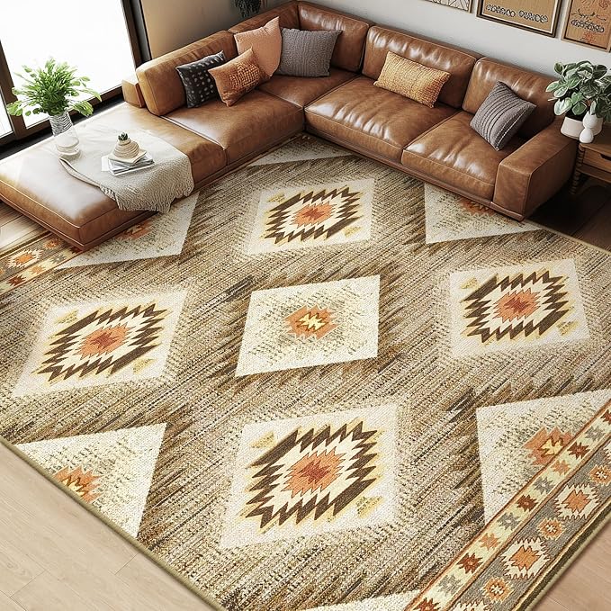 Area Rug 5x7 Rug Machine Washable Non-Slip Low Pile Print Pattern Western Rug for Living Room Bedroom Entryway Tribal Series -Cream/Camel | Soft Western No Slip Low Pile Print Foldable Indoor for Kitchen Dining Room