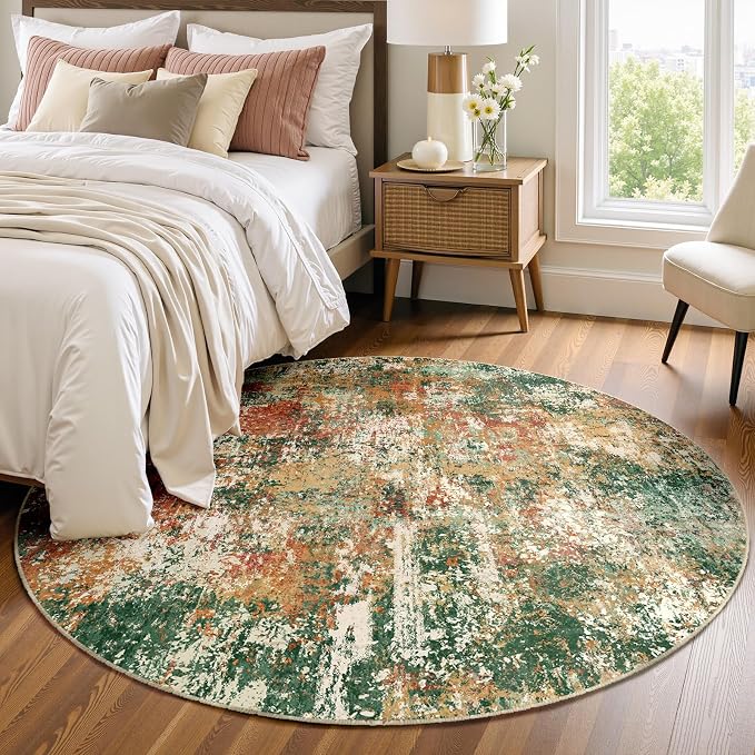 RELEANY Washable Round 4ft Area Rug for Living Room Green Multi | Carpet for Bedroom, Kitchen, Office, Hallway and Entryway, Printed Pattern, Non‑Slip, Soft, Stain‑Resistant, Easy to Clean