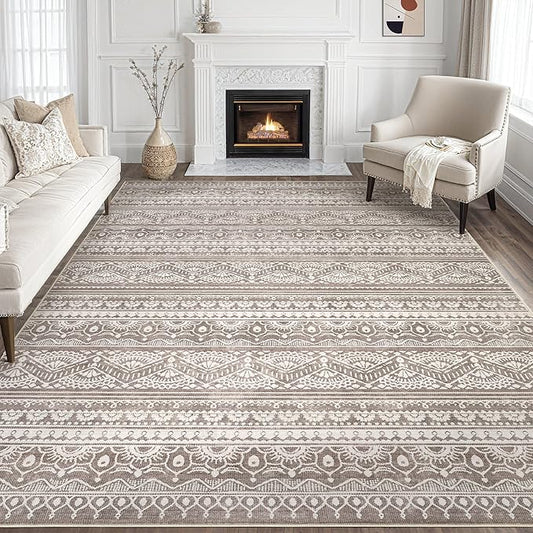 Tortania Area Rug Living Room Rugs - 8x10 Washable Large Soft Neutral Boho Moroccan Bohemian Farmhouse Rug Indoor Floor Carpet for Bedroom Under Dining Table Home Office Decor - Dark Brown