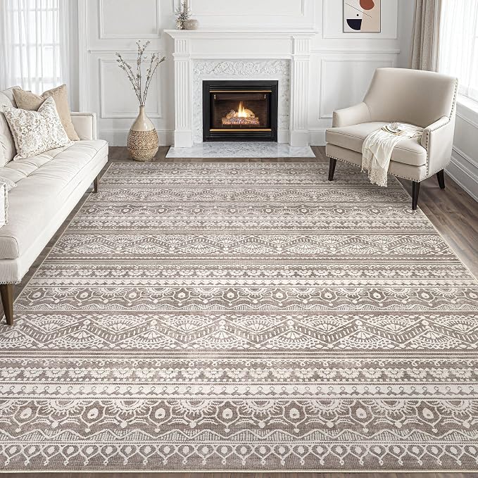 Tortania Area Rug Living Room Rugs - 9x12 Washable Large Soft Neutral Boho Moroccan Bohemian Farmhouse Rug Indoor Floor Carpet for Bedroom Under Dining Table Home Office Decor - Dark Brown