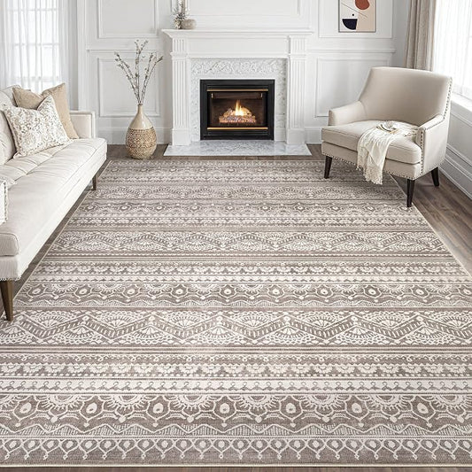 Tortania Area Rug Living Room Rugs - 9x12 Washable Large Soft Neutral Boho Moroccan Bohemian Farmhouse Rug Indoor Floor Carpet for Bedroom Under Dining Table Home Office Decor - Dark Brown