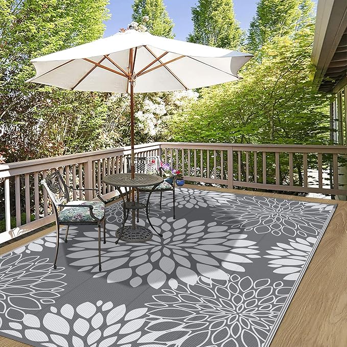 Ileading Waterproof Outdoor Rug 6x9, Reversible Plastic Straw Patio Rug, Portable Indoor Outdoor RV Camping Mat Carpet for Deck, Porch, Balcony, Backyard, Picnic, Floral Grey