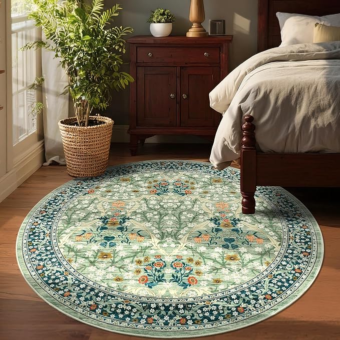 GarveeHome Sage Green Floral 4 ft Round Rug Washable Non-Slip Soft Low Pile Small Circle Carpet Vintage Rugs for Kitchen Bedroom Nursery Dining Living Room