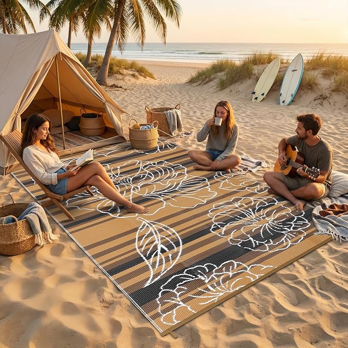 Garvee 6x9 Outdoor Waterproof Rug, Floral Outdoor Area Rug，Reversible Plastic Straw Patio Rug, Portable Camping Mat for RV, Picnic, Beach, Balcony, Garden & Camping Black&Brown