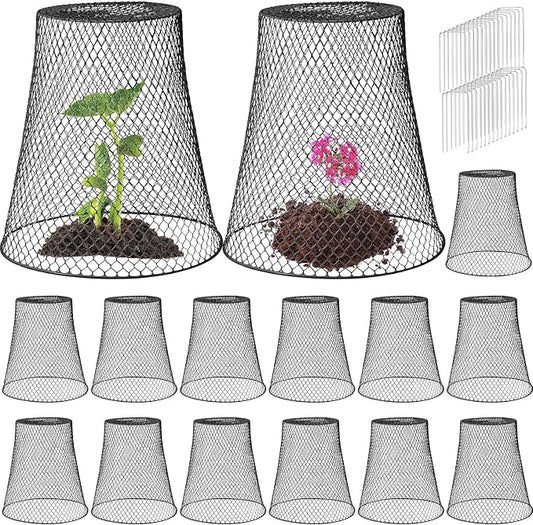 Therwen 15 Pcs Large Plant Wire Cloche 11 x 12 Inch Metal Garden Cloche with Garden Stakes Plant Protector from Animals for Keeping Bunnies Chicken Squirrels Birds (Black)