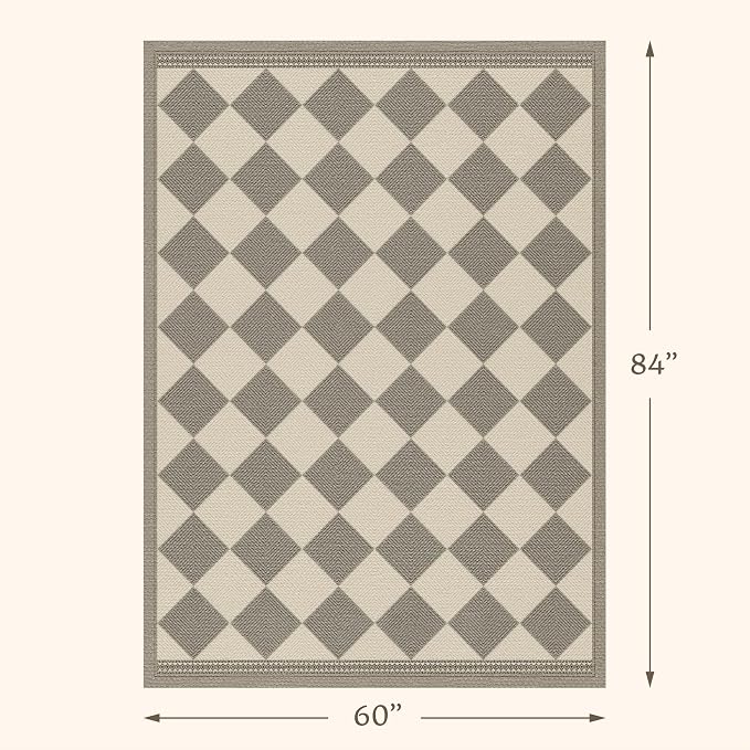 Beige Gray Checkered 5x7 Easy Jute Indoor Outdoor Area Rug for Living Room Backyard Porch, Washable Non Slip Dining Room & Bedroom Carpet, Diamond Pattern Modern Farmhouse Outdoor Patio Rug