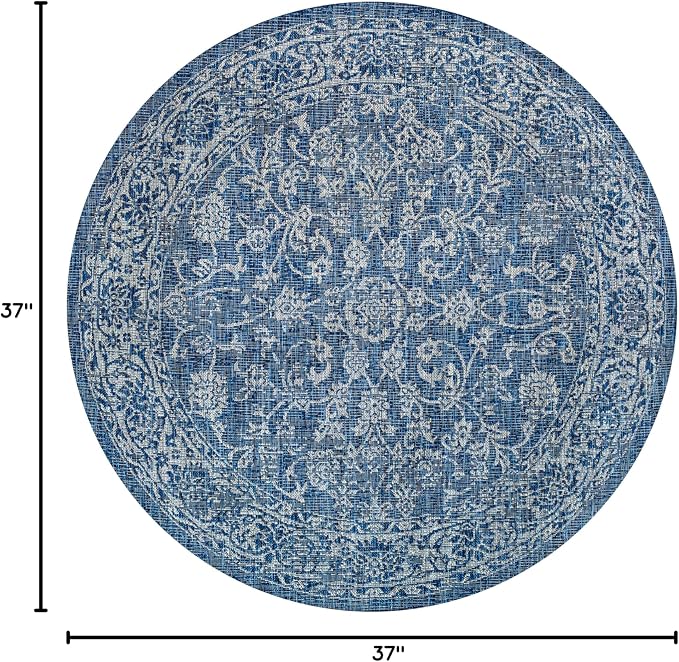 JONATHAN Y Weave Floral Indoor Outdoor Round Area Rug 3 Ft Navy/Gray, Tela Bohemian Textured for Backyard, Patio, Porch, Easy-Cleaning, High Traffic, Pet-Friendly, Non-Shedding (SMB100B-3R)