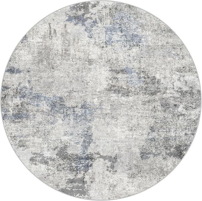 DMOYEST 6ft Round Area Rug for Living Room Washable Non Slip Circle Rug | 6x6 Neutral Modern Abstract Low Pile Rugs Kid & Pet Friendly Soft Carpet for Bedroom Dining Room - Grey Blue