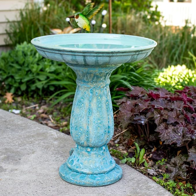 Sunnydaze Avignon Outdoor Ceramic Bird Bath - 18.75" H - UV- and Frost-Resistant - Glazed Bowl with Blue Lava Finish