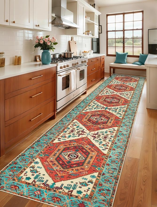 SERISSA 3x14 Washable Non Slip Boho Runner Rug for Hallway，Orange | Ultra Soft Vintage Oriental Carpet Low-Pile Tribal Floor Carpet for Stair Kitchen Bedroom Bathroom Laundry Room