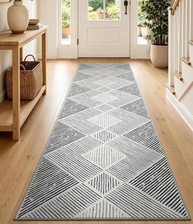 2‘x8' Non-Slip Black and White Geometric Runner Rug for Hallway | Washable, Low Pile, Stain Resistant, Modern Stripe Long Rug for Kitchen Entryway Bedroom