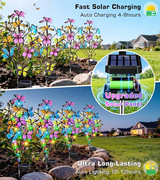 Solar Garden Lights Outdoor Waterproof Garden Decor, 4 Pack Upgraded 240 LED 54 Butterfly Colorful Outdoor Solar Decor for Yard Patio Gifts for Womens Mom