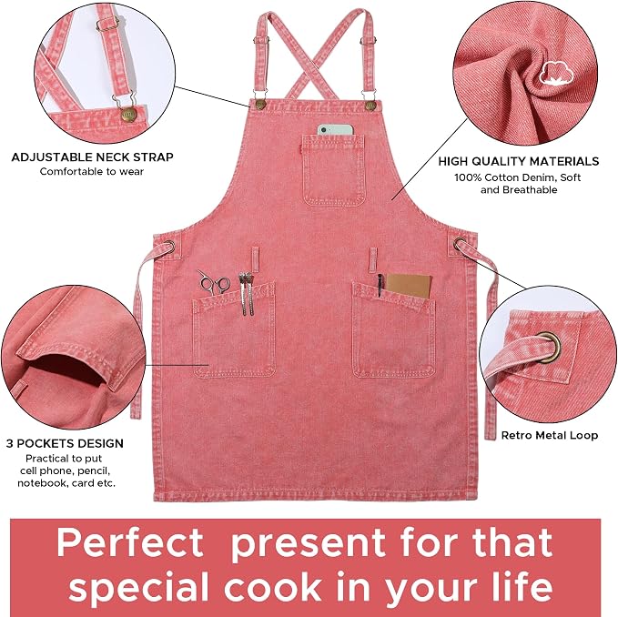 Denim Chef Apron for Women with Pockets, Jean Waitress Server Kitchen Apron for Men Cooking Gardening Painting