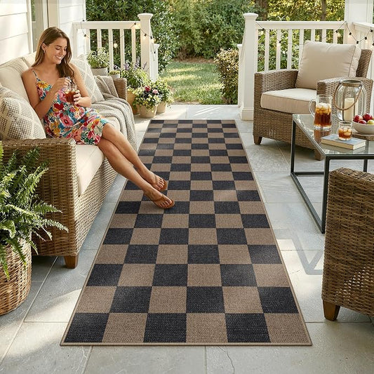 Lahome Colette Checkered Easy Jute 2x8 Runner Rug, Washable Kitchen Runner Rug Non Slip for Entryway Indoor, Checkerboard Black Indoor Outdoor Carpet for Hallway 8ft Entry Laundry Porch