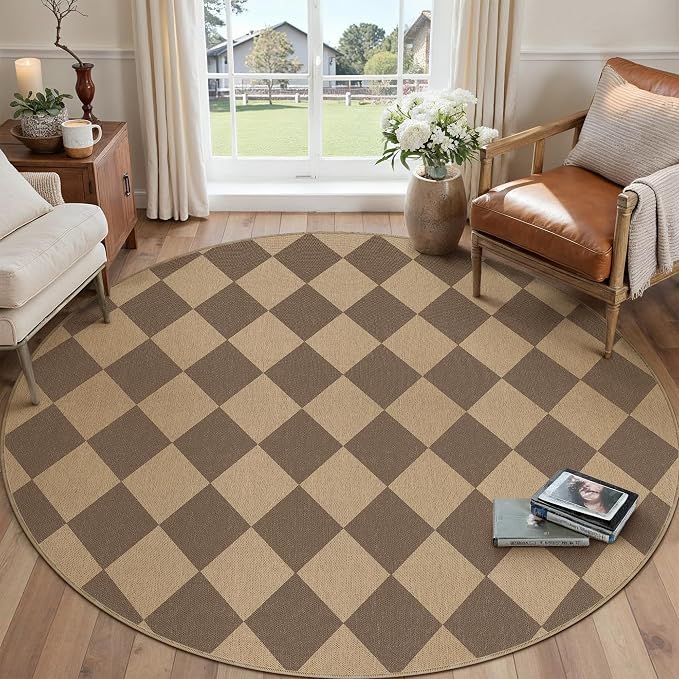PureCozy Checkered Round Rugs 6ft, Outdoor Patio Easy Jute Rug Indoor Outdoor Circle Carpet, Farmhouse Nature Non Shedding Non Slip Washable Brown Carpet for Living Room Entry Deck