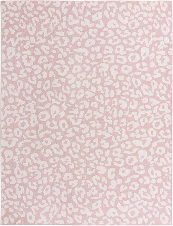 Unique Loom Outdoor Safari Collection Area Rug - Leopard (9' x 12' 2" Rectangle, Pink Ivory/ Ivory)