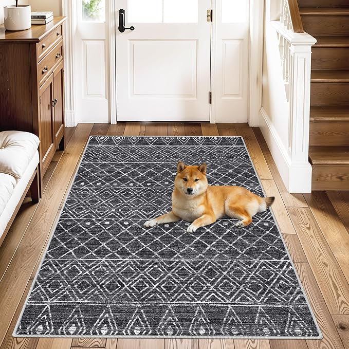 3x4 Black Non Slip Moroccan Rug: Washable Modern Geometric Area Rug | Soft Stain-resistant Mat ,Easy Maintenance, Ideal for Entryway, Living Room, Bedroom , Dining room, Great for Homes with Pets