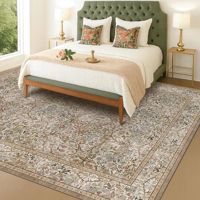 Vintage Moss Green Living Room Rug, Neutral Taupe 8x10 Washable Area Rugs for Bedroom, Dining Room Rugs Under Kitchen Table, Oriental Non-Slip Low Pile Stain Resistant Large Rug