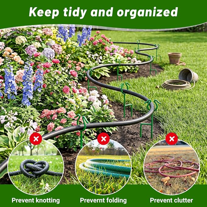 6 Pack Garden Hose Guide Stakes, 14 inch Metal Hose Guides for Garden Heavy Duty Rustproof Coated Spike Keeps Water Hose Out of Flower Beds Outside Lawn & Yard Plant Protection (Green)