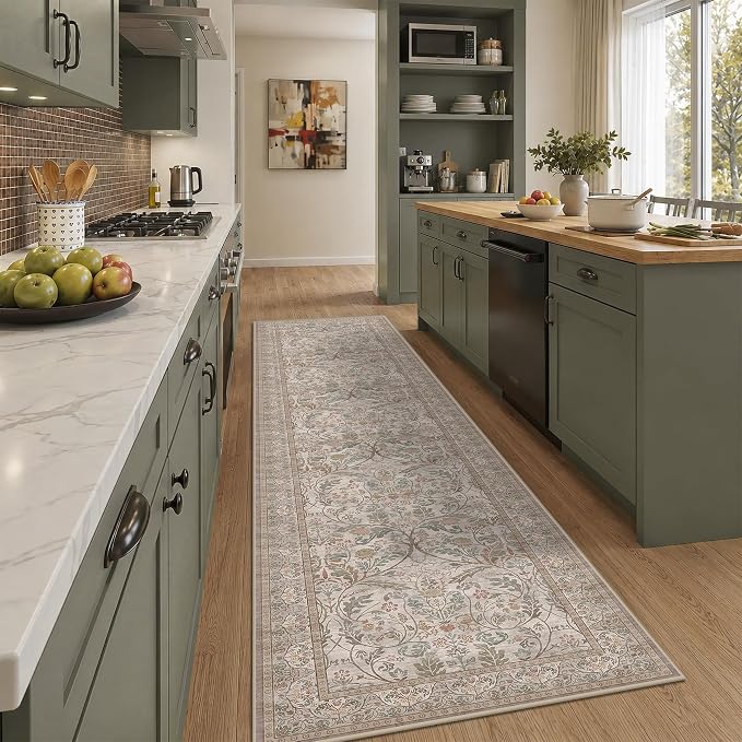 Traditional Cottagecore 2'6"x10' Hallway Runner Rug Non Slip - Washable 10 ft Extra Long Rug for Kitchen, Entryway, Neutral Taupe Cream Stain Resistant Carpet