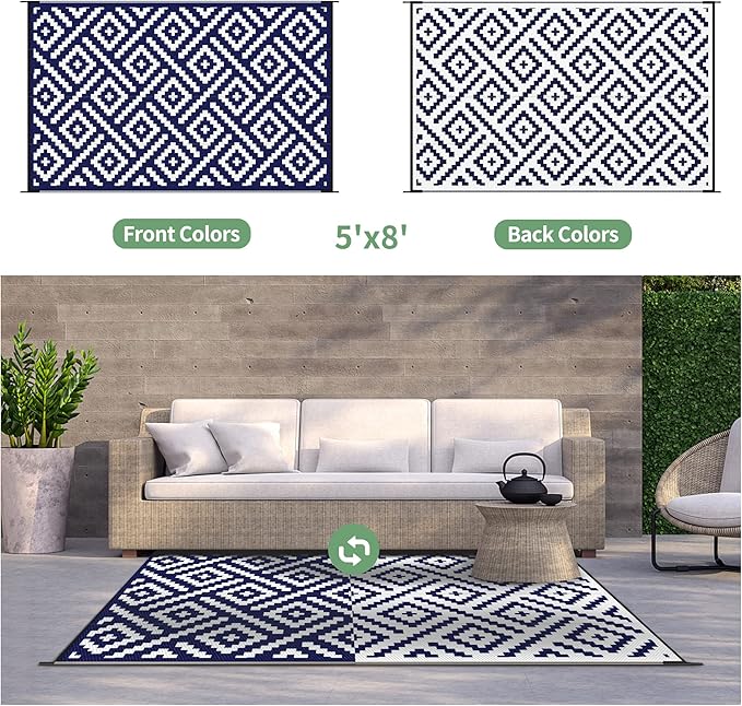 GENIMO 5'x8' Outdoor Rug Waterproof, Reversible Mats, Area Rug, Plastic Outside Carpet, Geometric Rv Mat for Patio Camping Picnic Backyard Deck Balcony Porch Beach Trailer (Navy Blue & White)