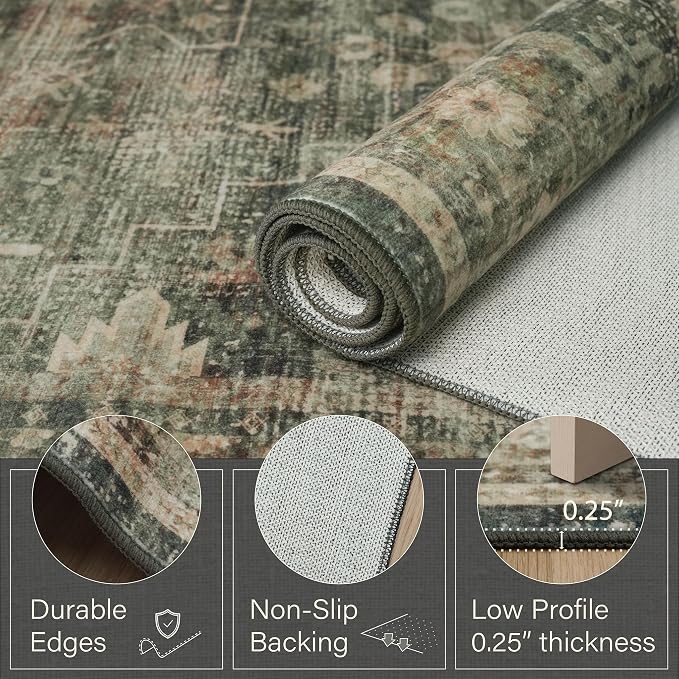 Washable 2x3 Entry Rug for Entryway, Bathroom & Kitchen, Moss Green Low Pile Non-Slip Front Door Mat, Vintage Cottagecore Distressed Geometric Accent Rug, Stain Resistant, Easy to Clean