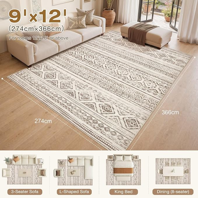 cotiled Boho 9x12 Area Rug for Living Room: Large Moroccan Washable Rug | Stain Resistan Carpet for Bedroom Farmhouse Dining Room Dark Brown
