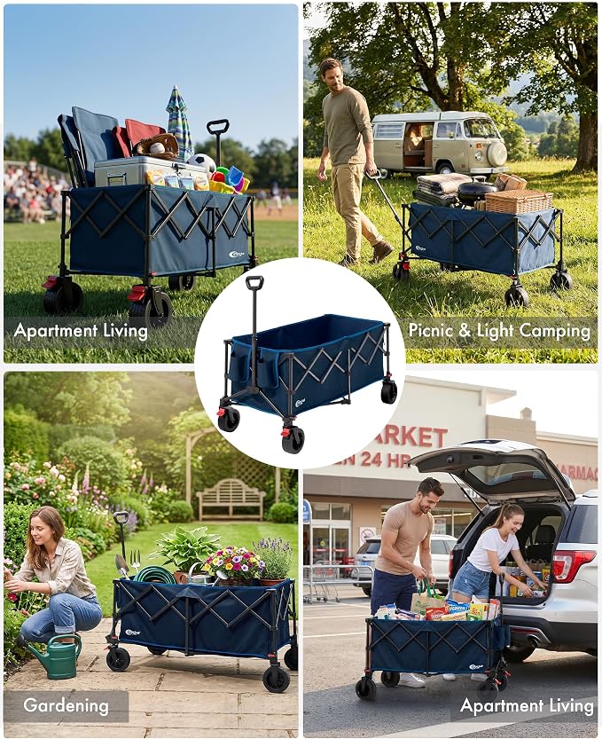 Portal Collapsible Wagon Cart, Foldable Wagon with Big Wheels, 300L Extra Large Wagon,18.7lbs Lightweight Utility Wagon, Heavy Duty Wagon for Beach, Camping, Sports, Garden Blue