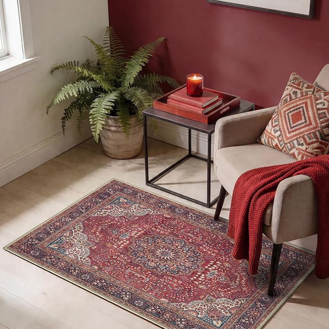 Keen Home Design Vintage Washable Entryway Rug, Non-Slip Low Pile, 2x3 | Machine Washable Cotton Chenille, 0.25In Low Pile, Rubber Non-Slip Back; Kitchen, Entryway, Bathroom, Bedside