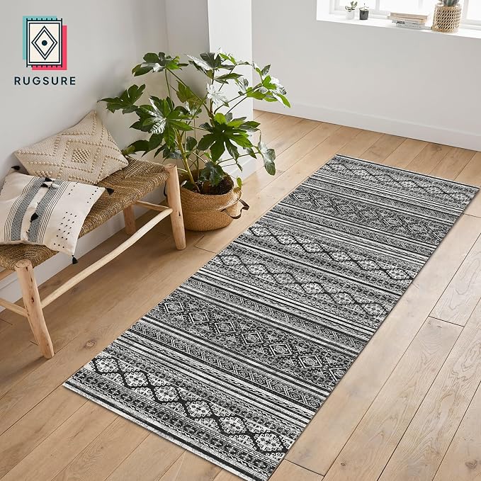 Washable Area Rugs 2'6'' x 8' - 1/6 Thick - Moroccan-Inspired -Stain & Water Resistant Non-Slip - Resistant Rug for Living Room, Bedroom, Nursery, Pet & Child Friendly (Black)