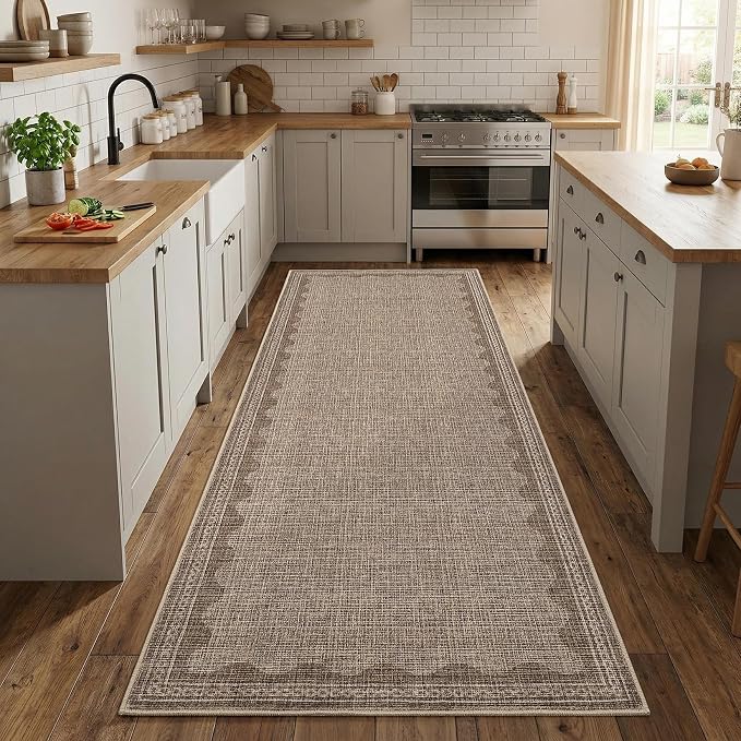 GarveeHome 2x6 Runner Rug for Hallway Washable Kitchen Rugs Non Slip Solid Coffee Modern Minimalism Soft Low-Pile Scalloped Indoor Carpet for Entryway Laundry Room Floor Mats