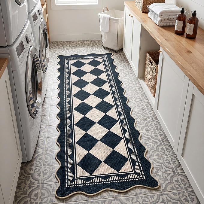 Garvee Easy Jute 2x6 Scalloped Kitchen Rugs Washable Rugs，Black/White | Indoor Outdoor Washable Rugs for Living Room Low Pile Floor Cover for Entryway Stain Resistant Indoor Carpet for Hallway