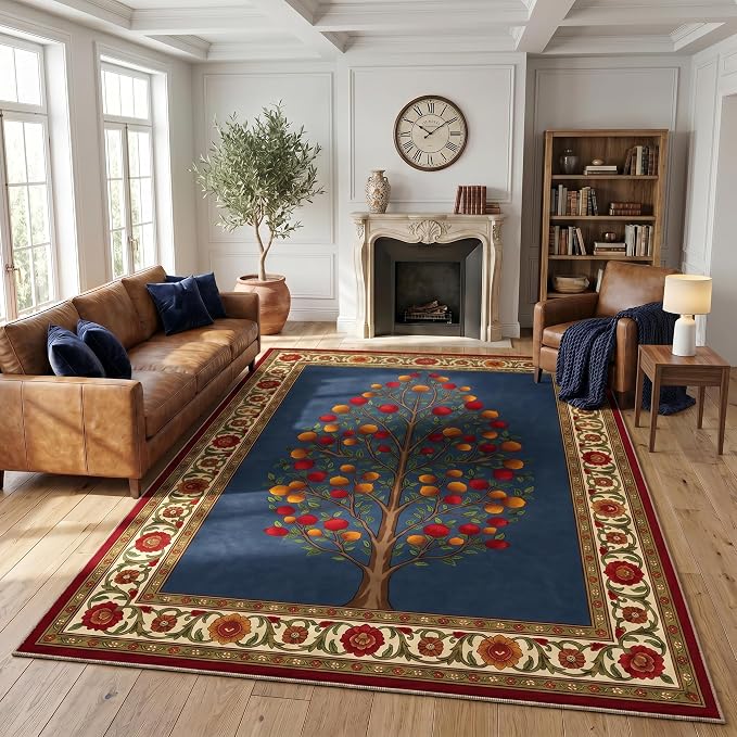 9CH Vintage Traditional Area Rug 5x7, Washable Oriental Capet Soft Non Slip Blue Red Tree of Life Rugs for Living Room Bedroom Home
