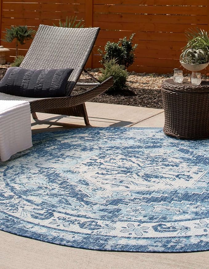 Unique Loom Outdoor Traditional Collection Area Rug - Valeria (13' Round Blue/Ivory)