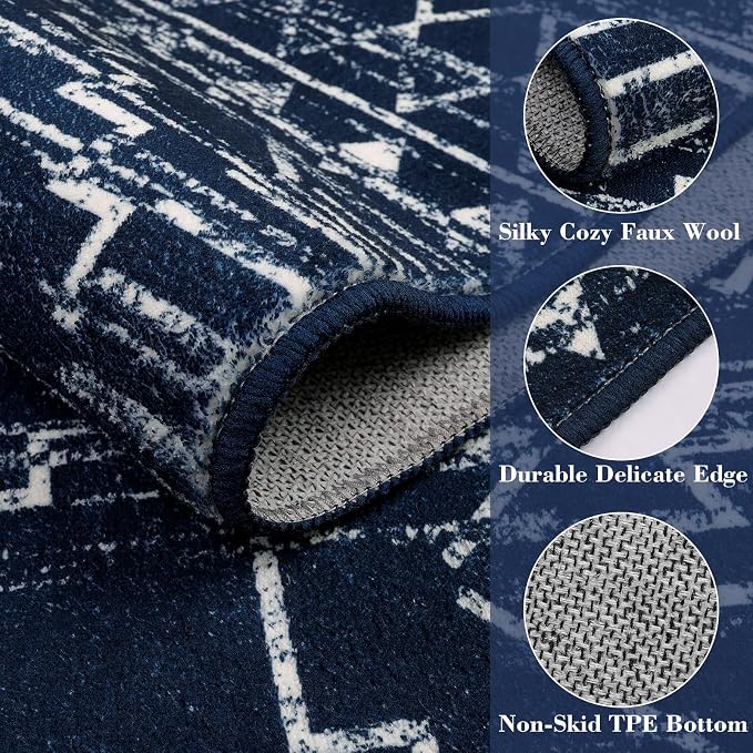 Wonnitar Moroccan Washable Rug 3x5, Blue Non-Slip Entryway Area Rug, Soft Farmhouse Bedroom Throw Mat, Geometric Low Pile Scandinavian Accent Carpet for Entry Kitchen Basement (Blue,3'x5')