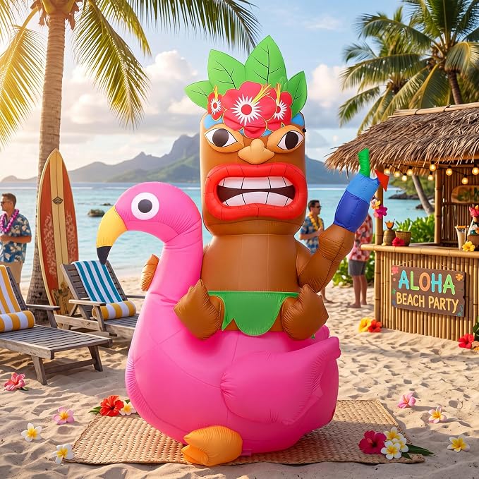 Shappy 5ft Inflatable Flamingo Lighted Blow up Tiki Hawaiian Party Decor | Luau Tropical Inflatables Giant Outdoor LED Tiki Blow up Aloha Bar Beach Summer Pool Surfing Party Decorations