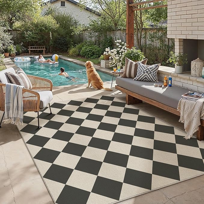 PureCozy 6x9 Checkered Chevron Pattern Area Rug for Living Room Large Checkerboard Washable Indoor Outdoor Carpet Farmhouse Patio Office Mat Geometric Non Slip Black Carpet for Backyard Dining Room