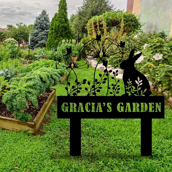 Custom Metal Rabbit and Flower Garden Stake, Bunny Metal Garden Sign, Personalized Easter Rabbit with Flower Sign, Farm Animal Sign, Pet Grave Marker, Rabbit Sympathy Gift, Pet Loss, Remembrance Stake